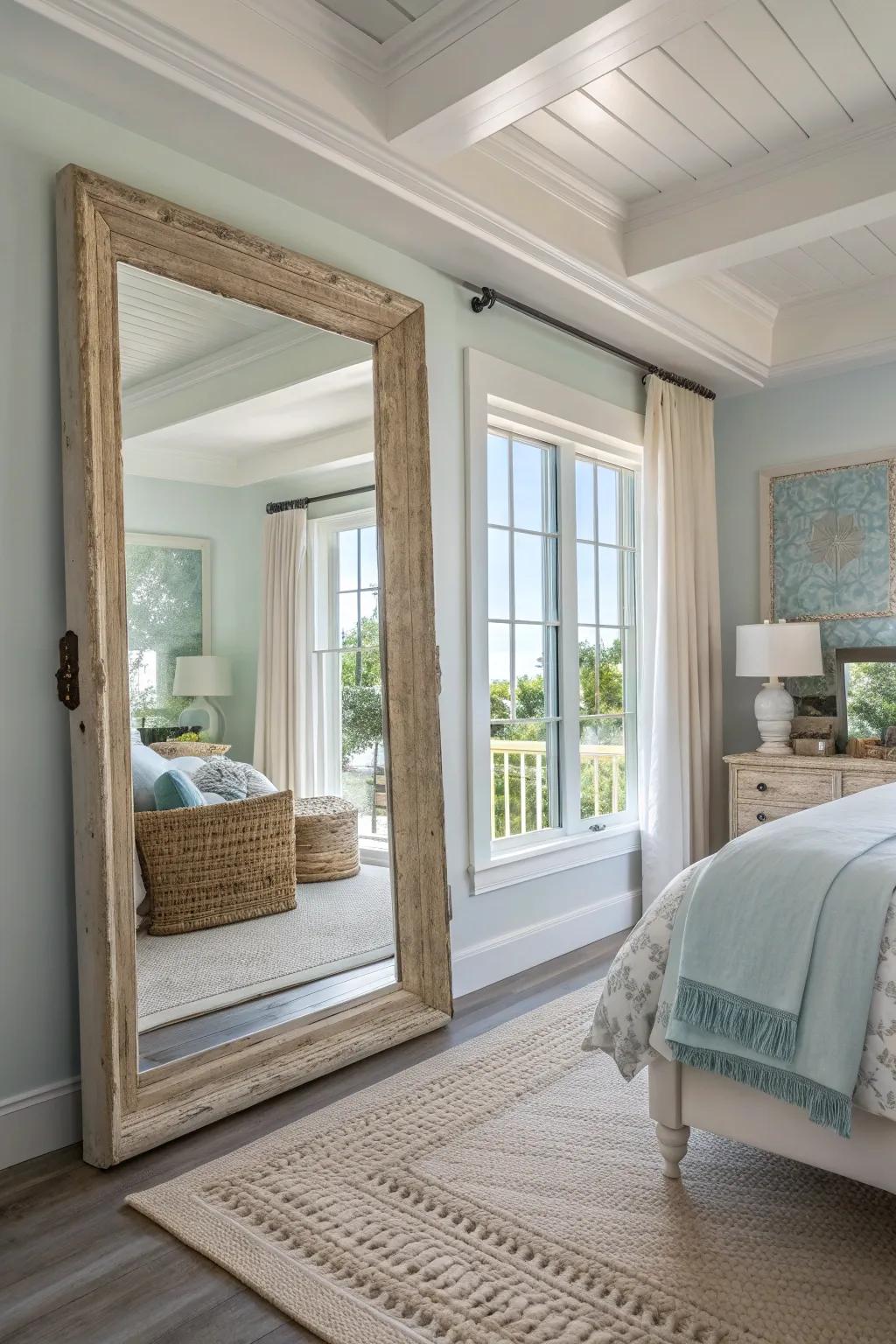 Reflect and amplify light in your bedroom with strategically placed mirrors. #InteriorTips #ReflectiveDesign