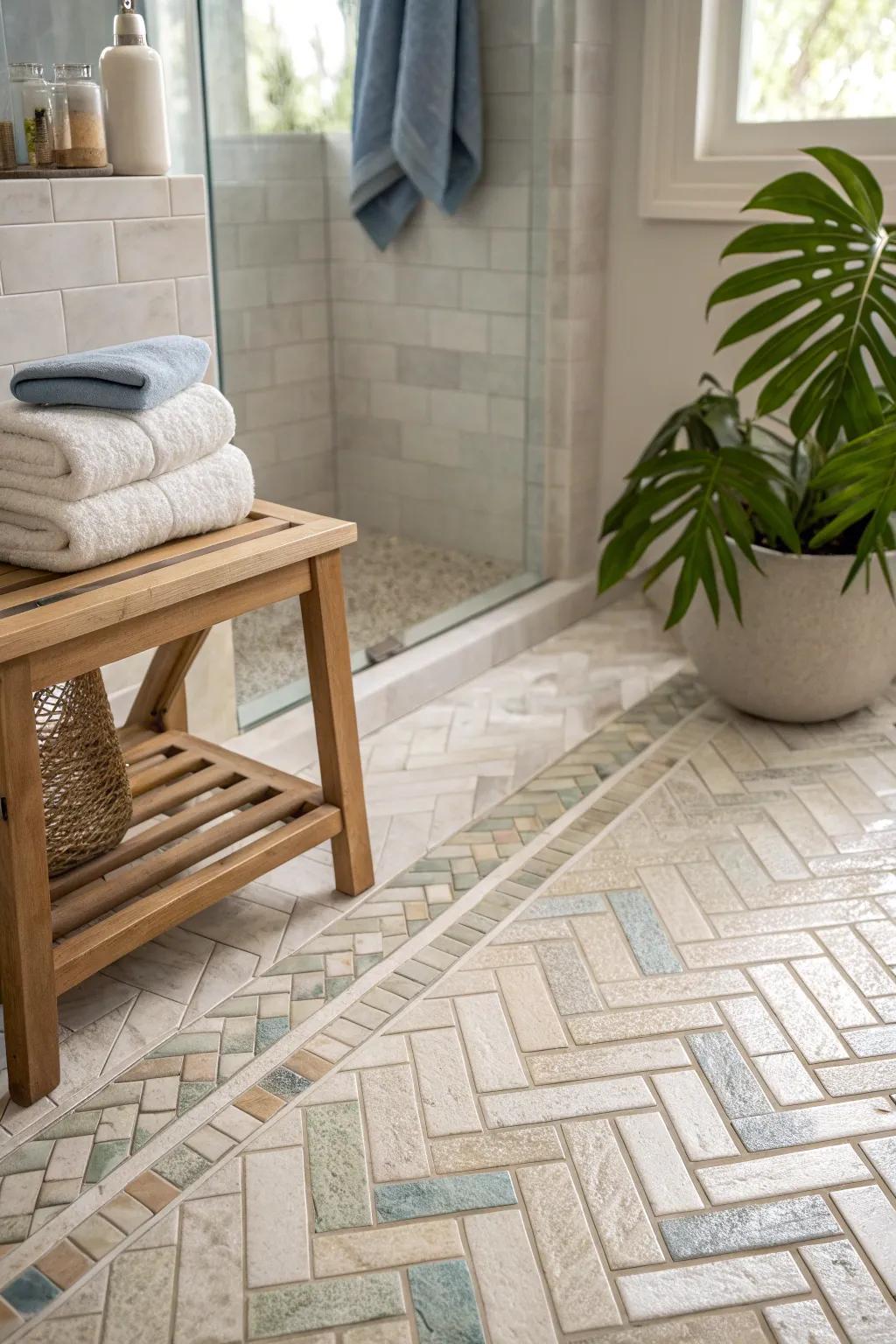 Discover the charm of mosaic herringbone tiles, perfect for adding detail and texture. 🎨✨ #MosaicMagic #TileArt #BathroomInspo