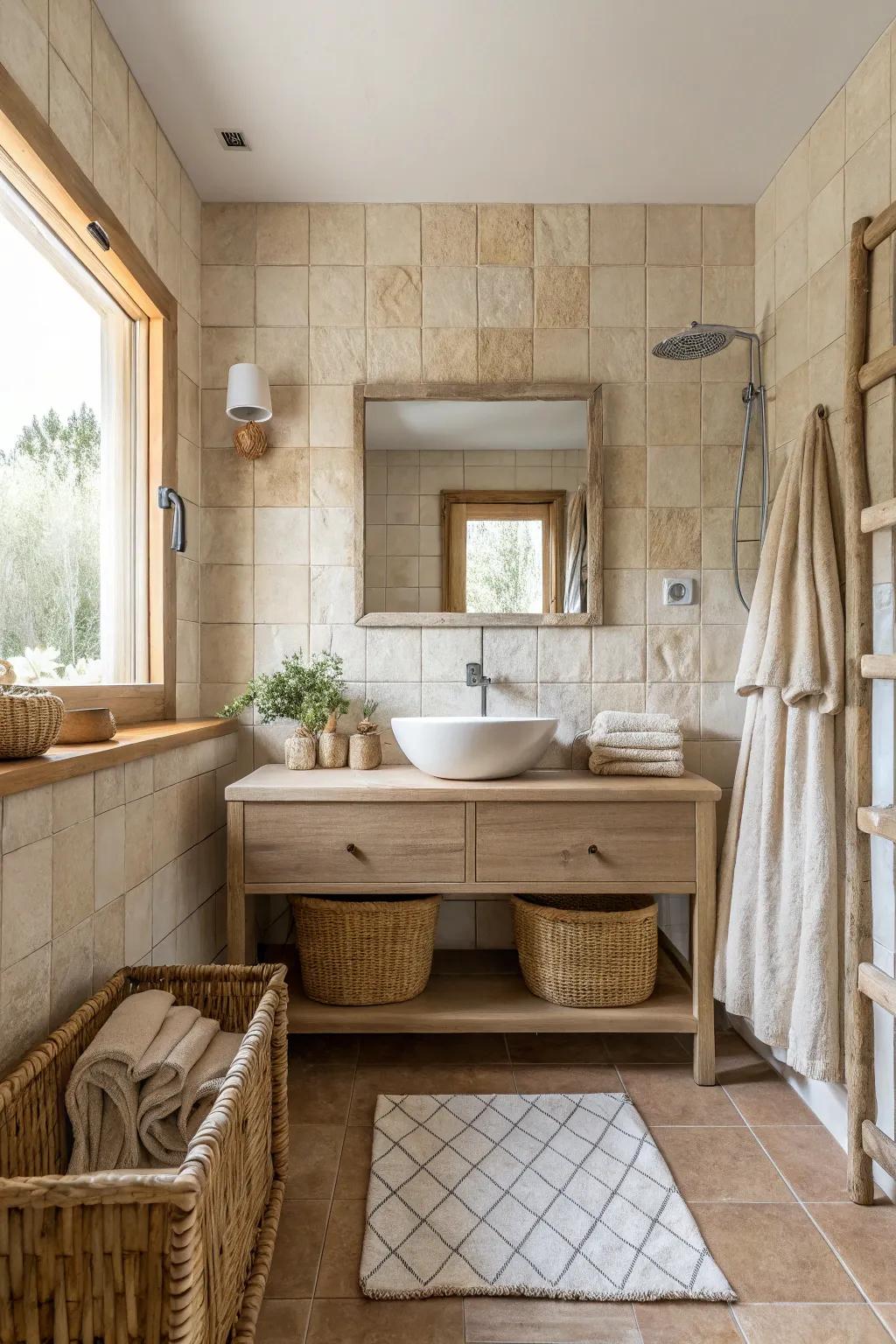 Textured tiles create a stunning focal point in this chic loft bathroom.
