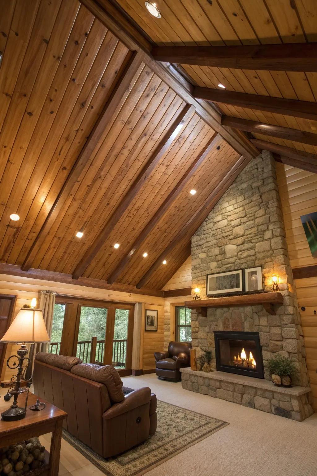 Tongue and groove paneling offers a seamless, polished aesthetic perfect for any cabin.