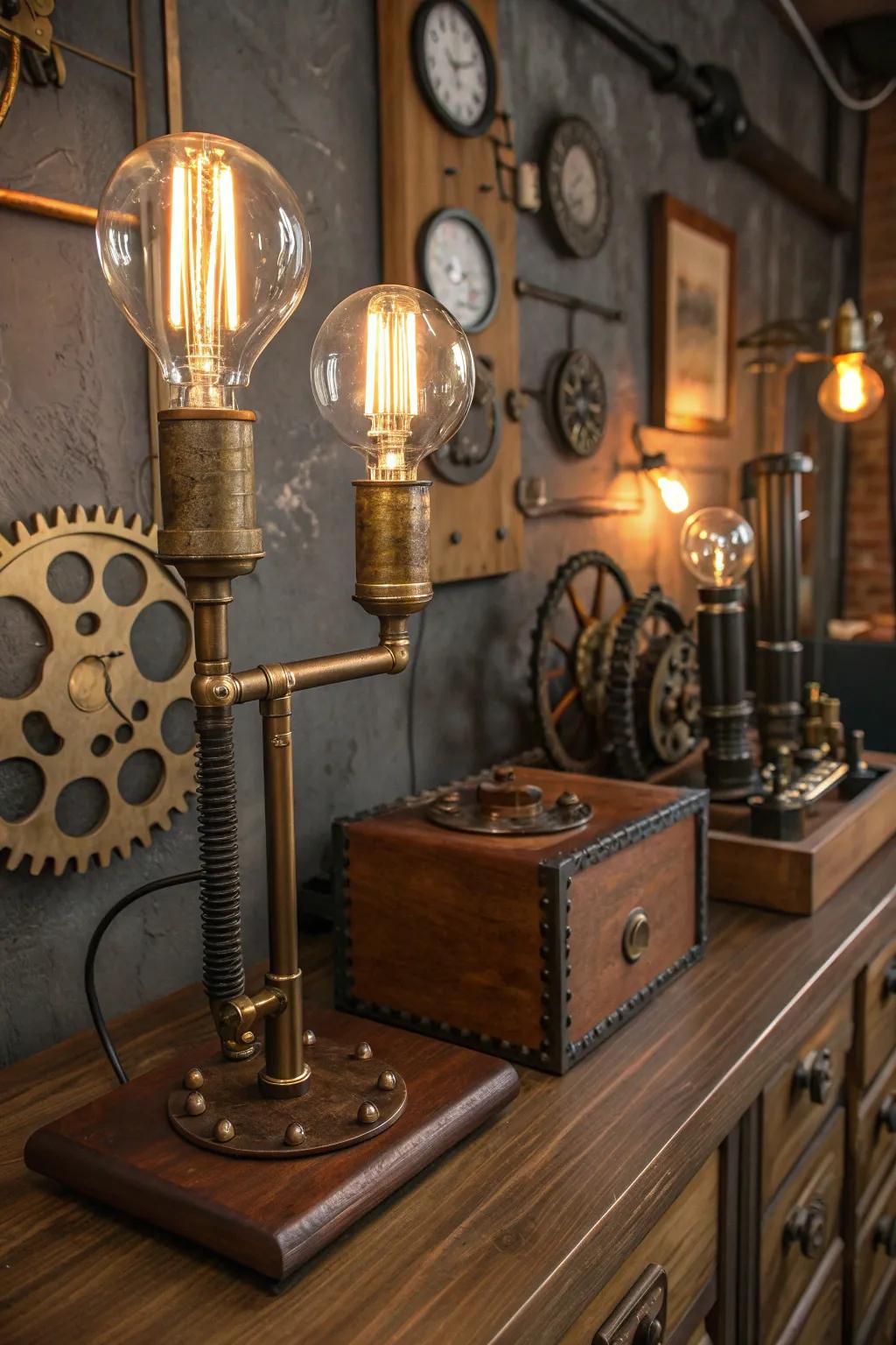 Create a warm and vintage glow with Edison bulb lighting that complements the steampunk aesthetic.
