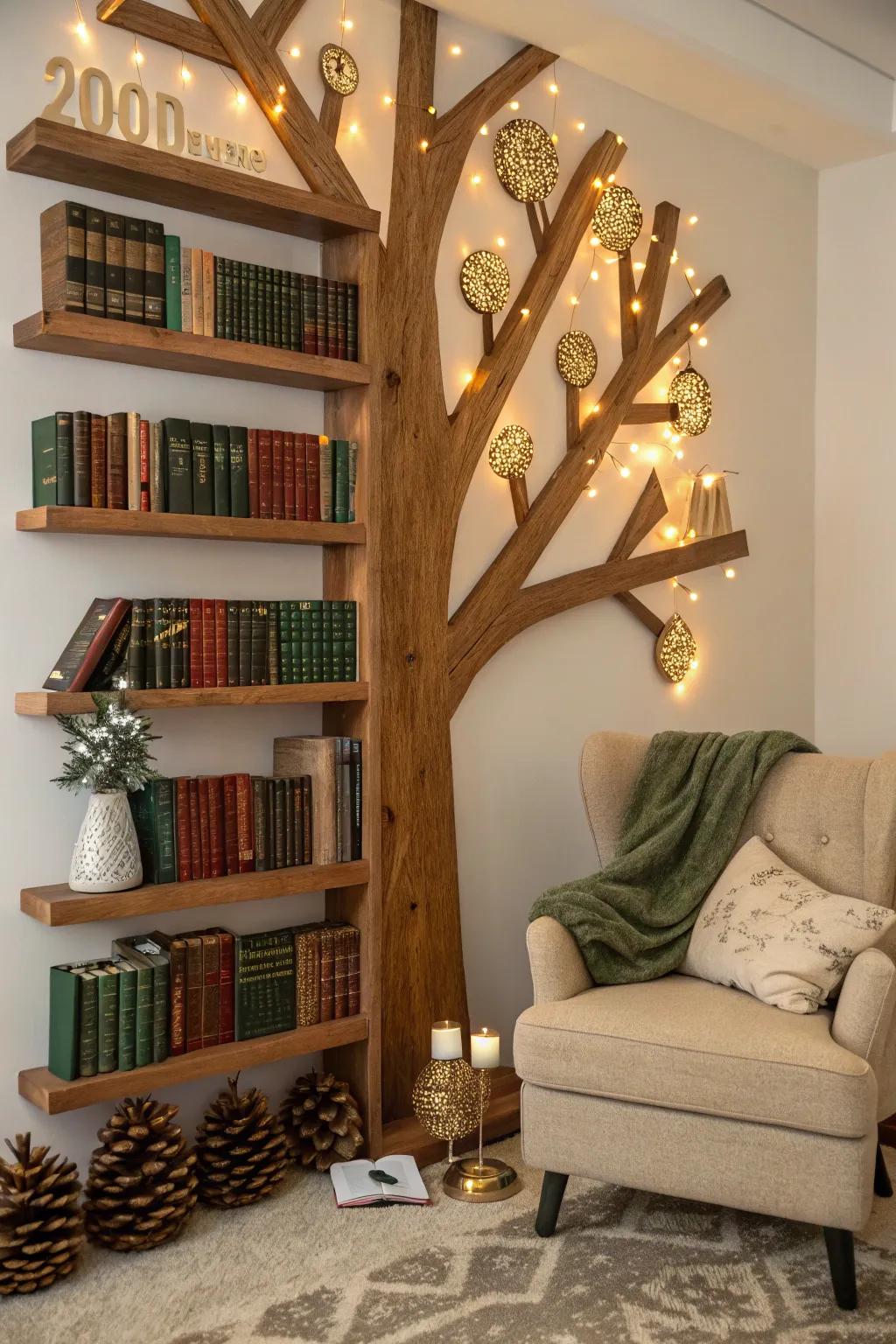 Turn your bookshelf into a festive focal point with a clever tree arrangement using books and twinkling lights.