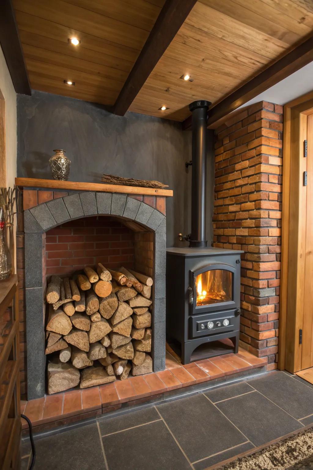 Combine style and function with integrated firewood storage in your alcove.