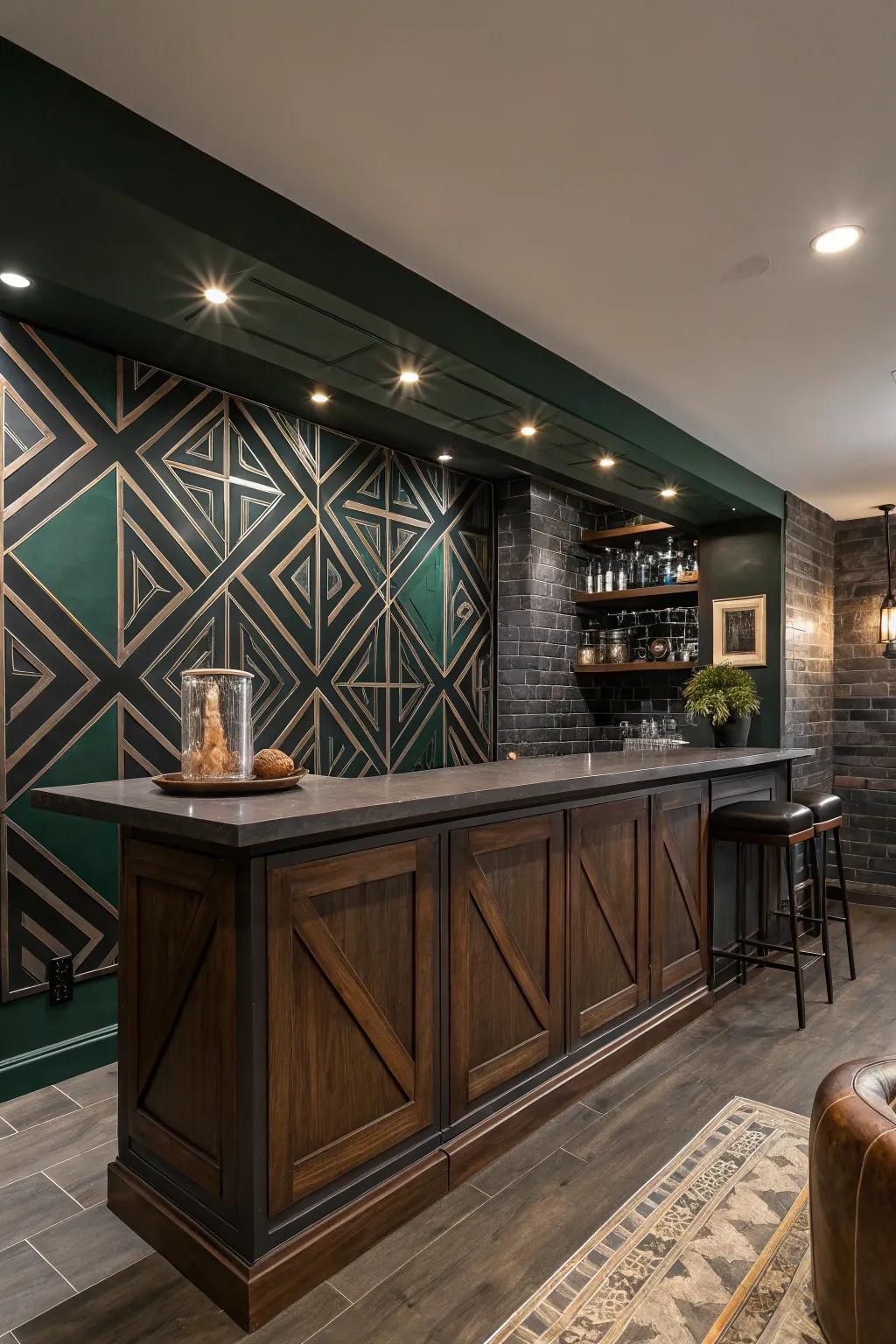 Transform your bar with geometric patterns that bring a modern artistic twist. #GeometricDesign #InteriorArt