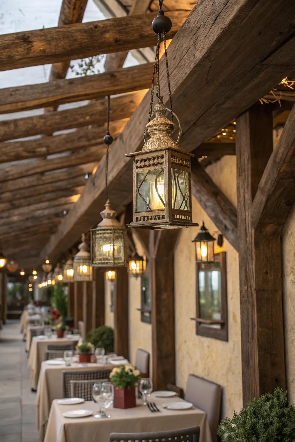 Create a magical atmosphere with lanterns hanging from beams. ✨ #LightingDesign #DecorMagic #HomeInspiration