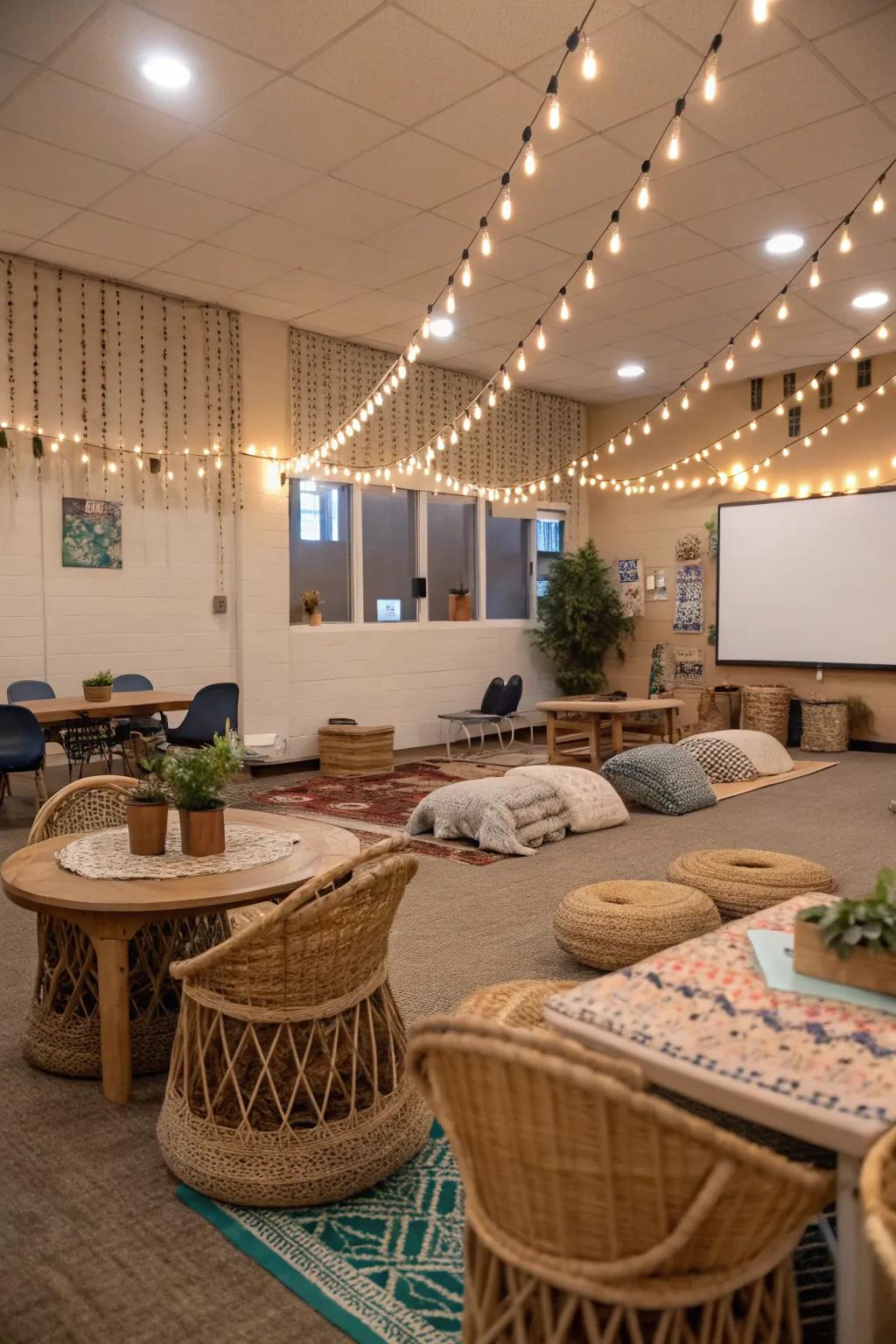 Let dreamy lighting illuminate your classroom with warmth. 🌟 #Lighting #ClassroomAmbiance #BohoDream