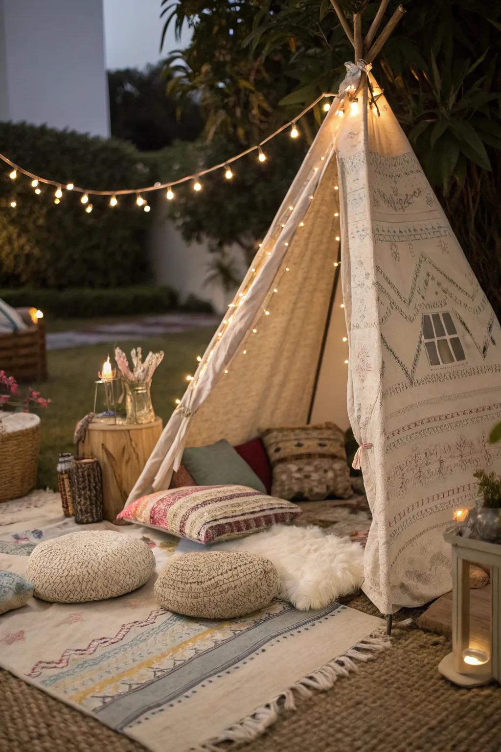 A teepee lounge provides a cozy retreat for guests to relax and enjoy. ⛺ #BohoChic #LoungeArea #CozyVibes