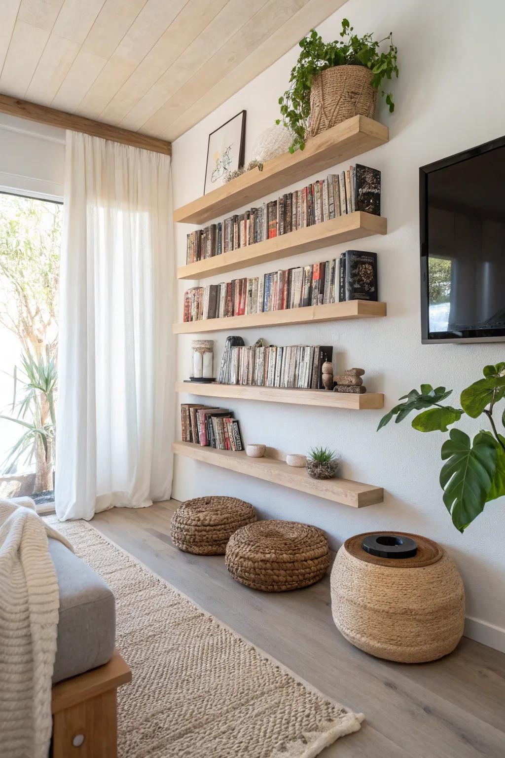 Create a minimalist and airy feel with floating shelves that showcase your DVD favorites. 📀🌿 #MinimalistDesign #FloatingShelves