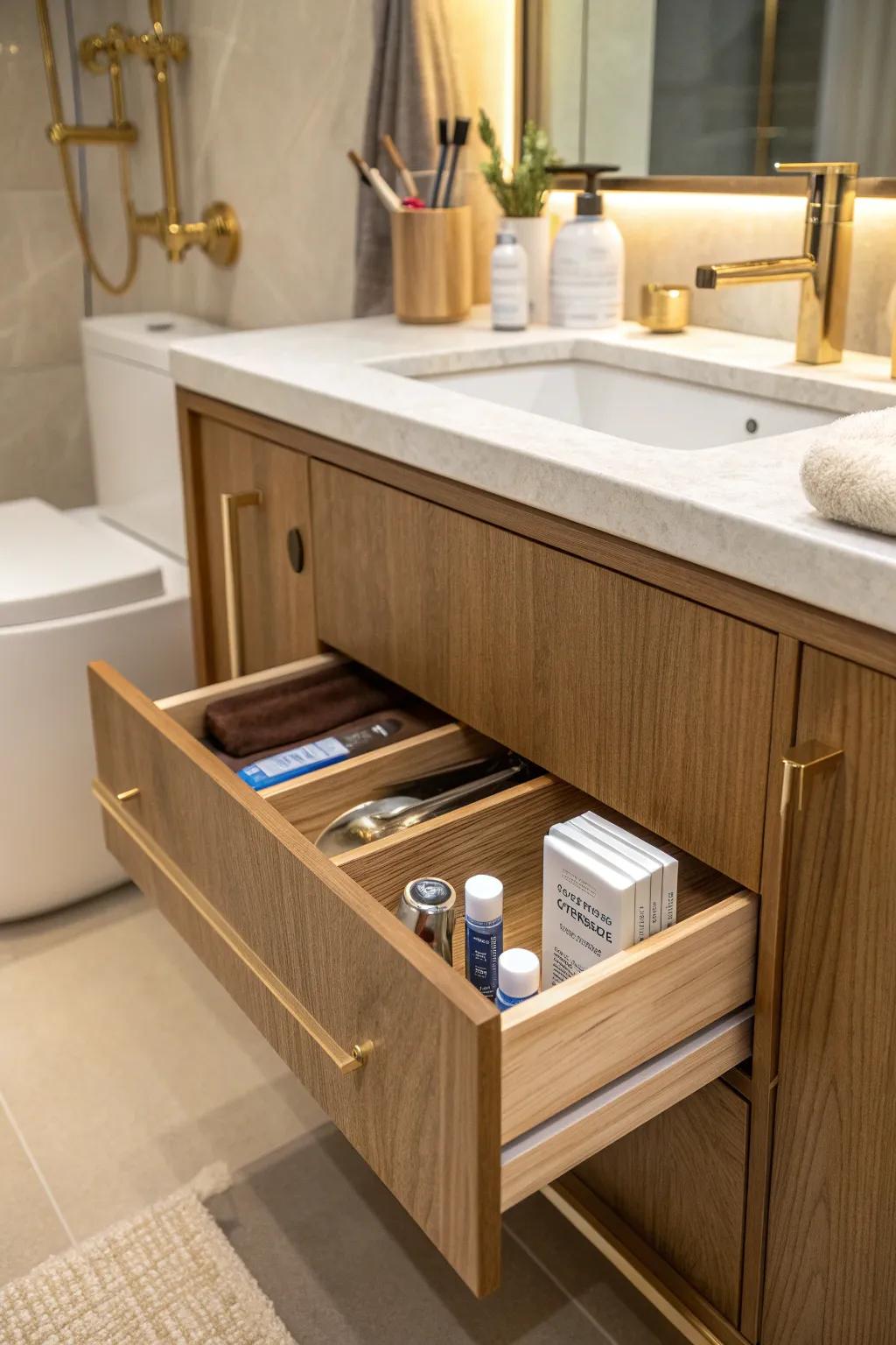 A built-in vanity compartment keeps toothbrushes hidden and organized.