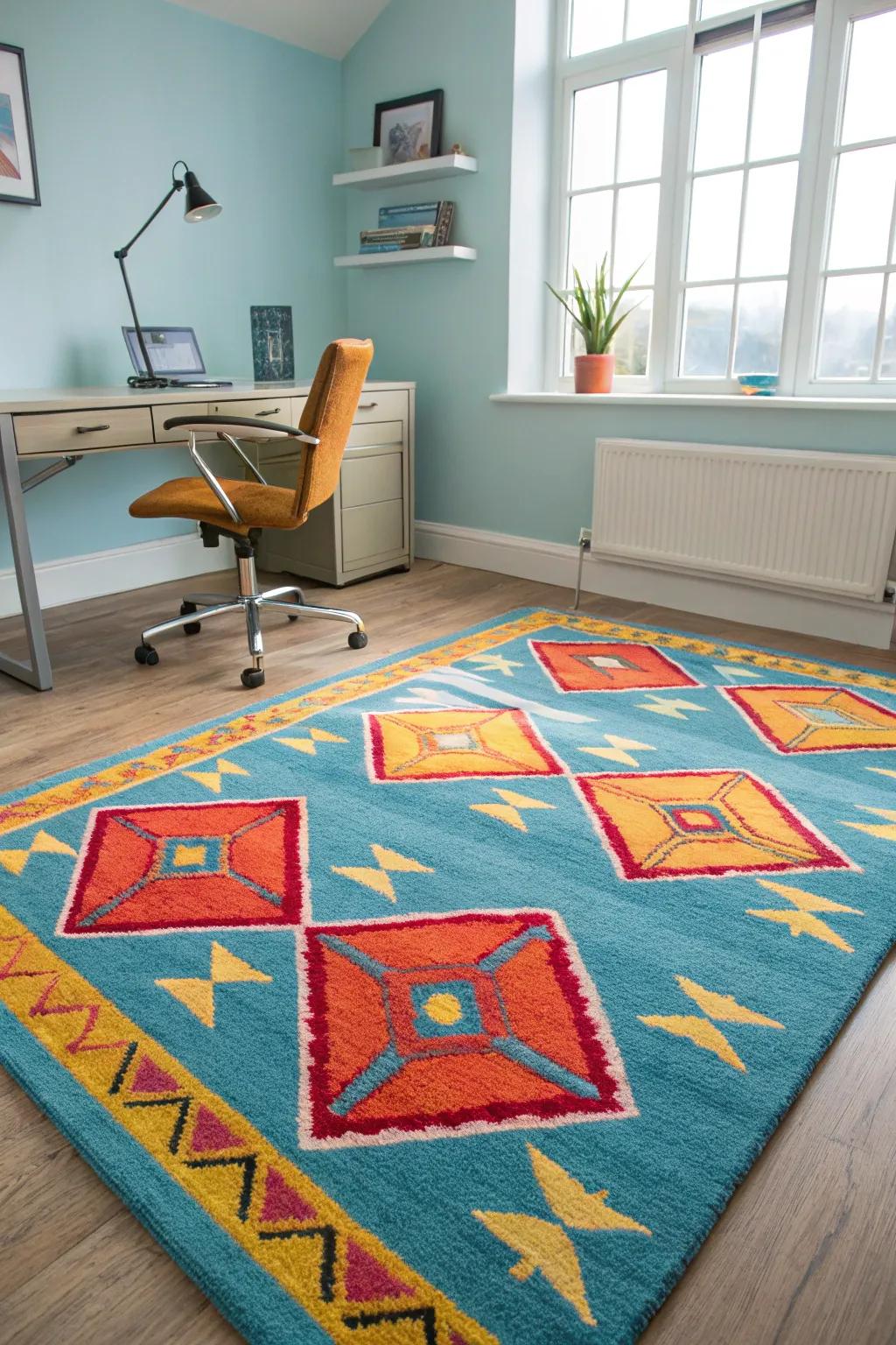 A statement rug ties the room together beautifully. 🧡