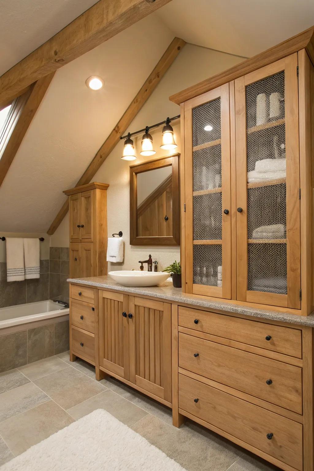 Smart storage keeps your loft bathroom tidy and organized. #StorageSolutions #OrganizedLiving