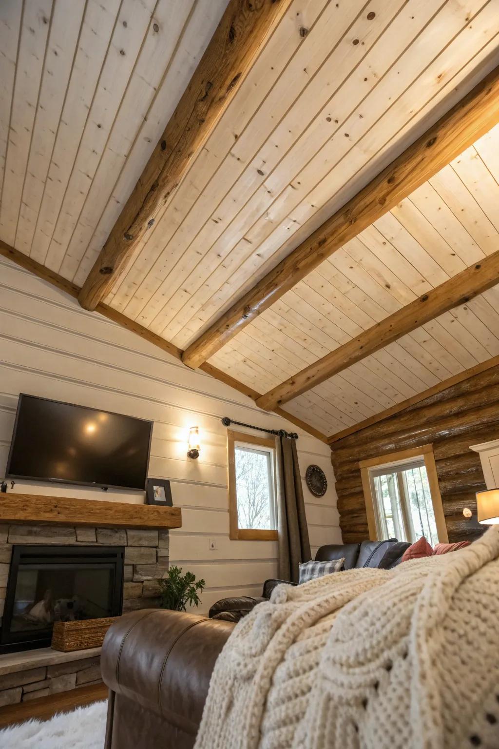 Shiplap panels add rustic charm and warmth, enhancing your cabin's cozy vibe.