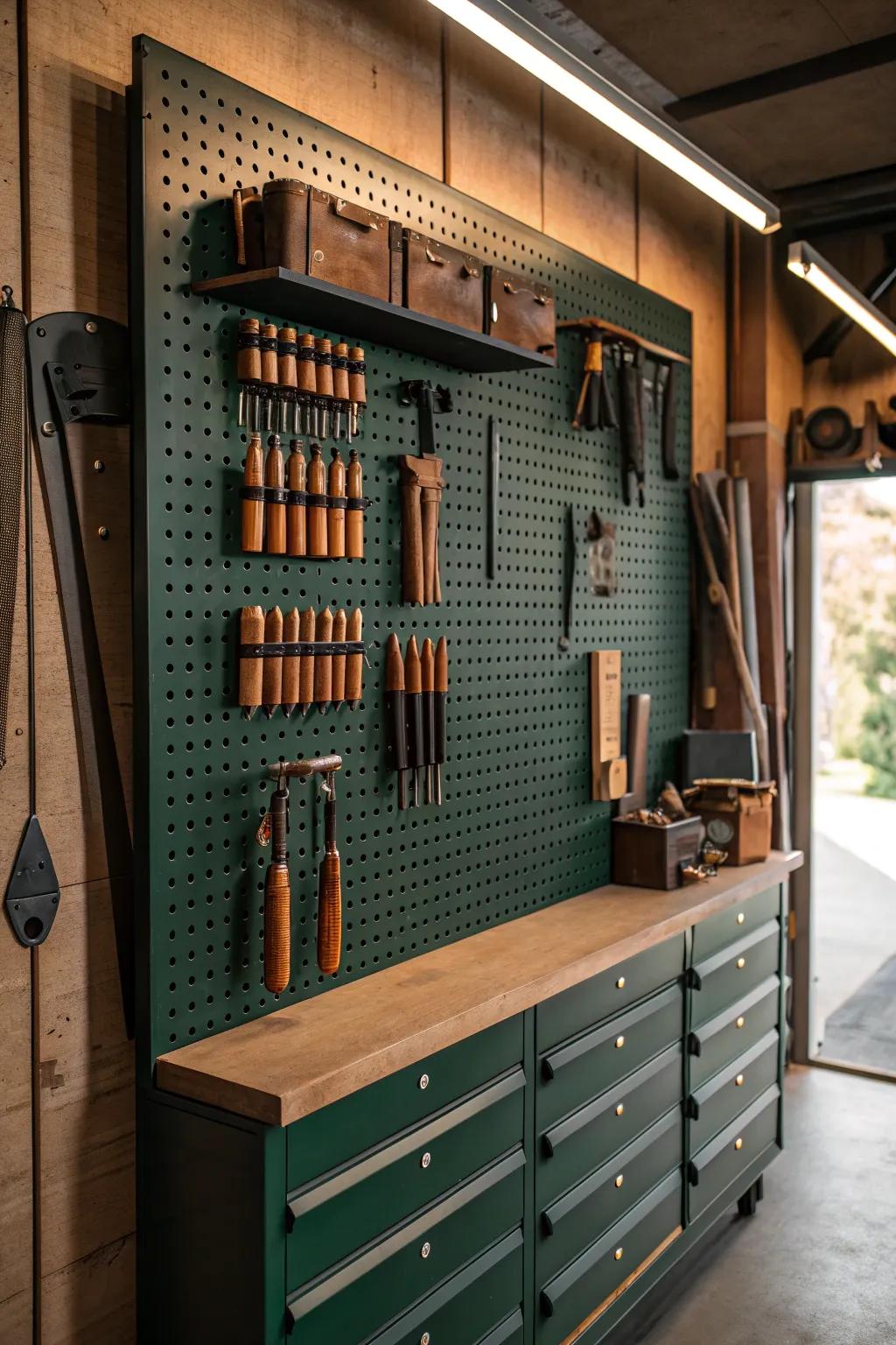 🛠️ Steel pegboards make tool storage a breeze, turning every wall into a functional masterpiece. #ToolStorage #GarageOrganization