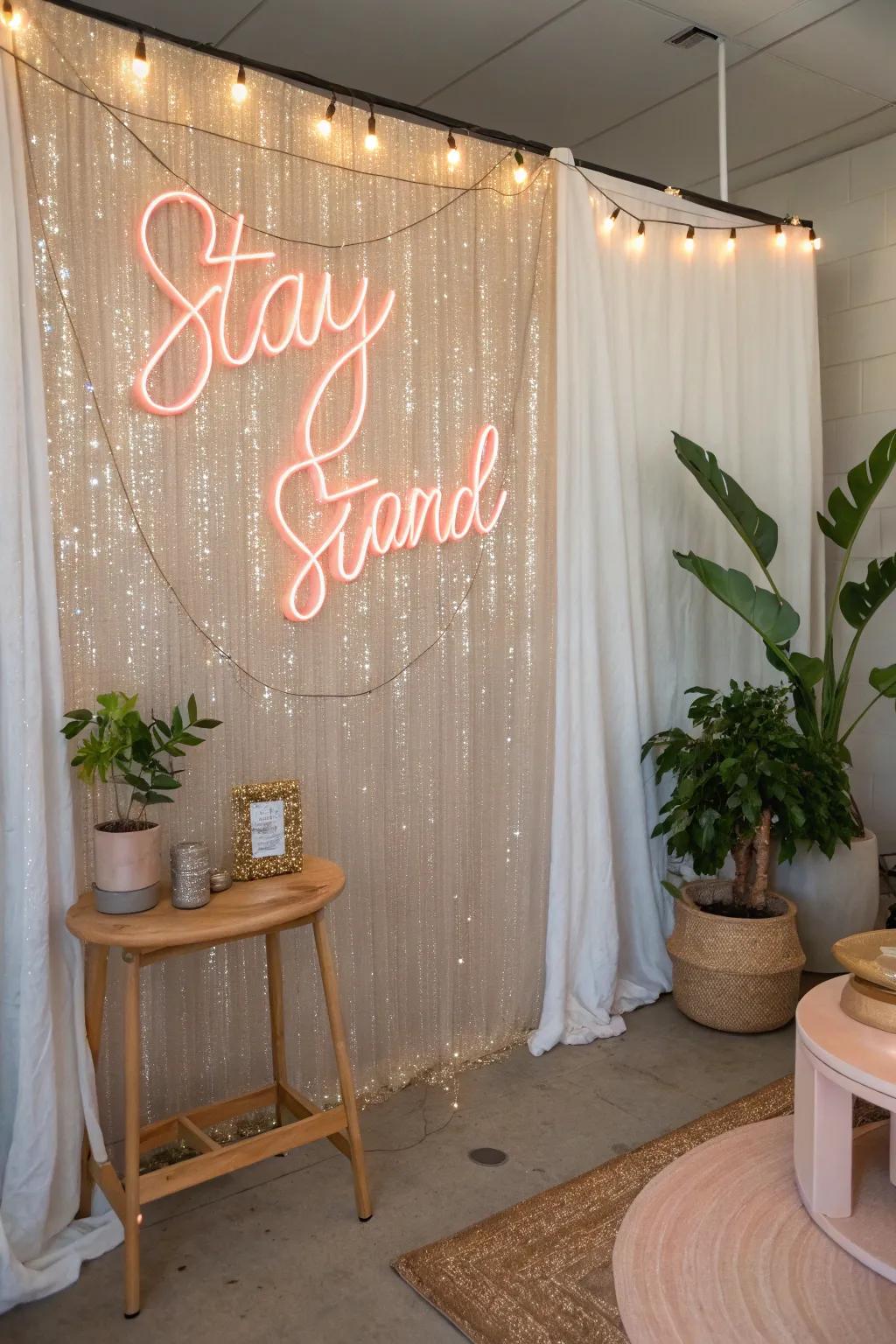 A shimmer wall adds sparkle to the neon glow, creating a dazzling visual treat.