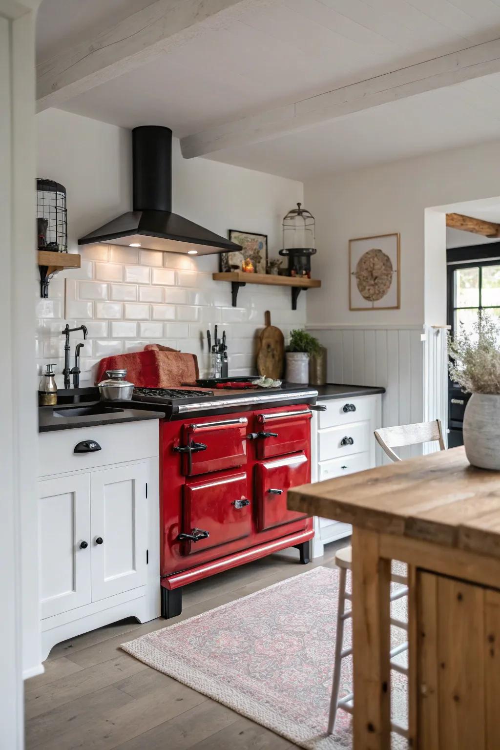 Bring farmhouse charm to your kitchen with red accents that add warmth and character. #FarmhouseStyle #RedFlair #CozyKitchen