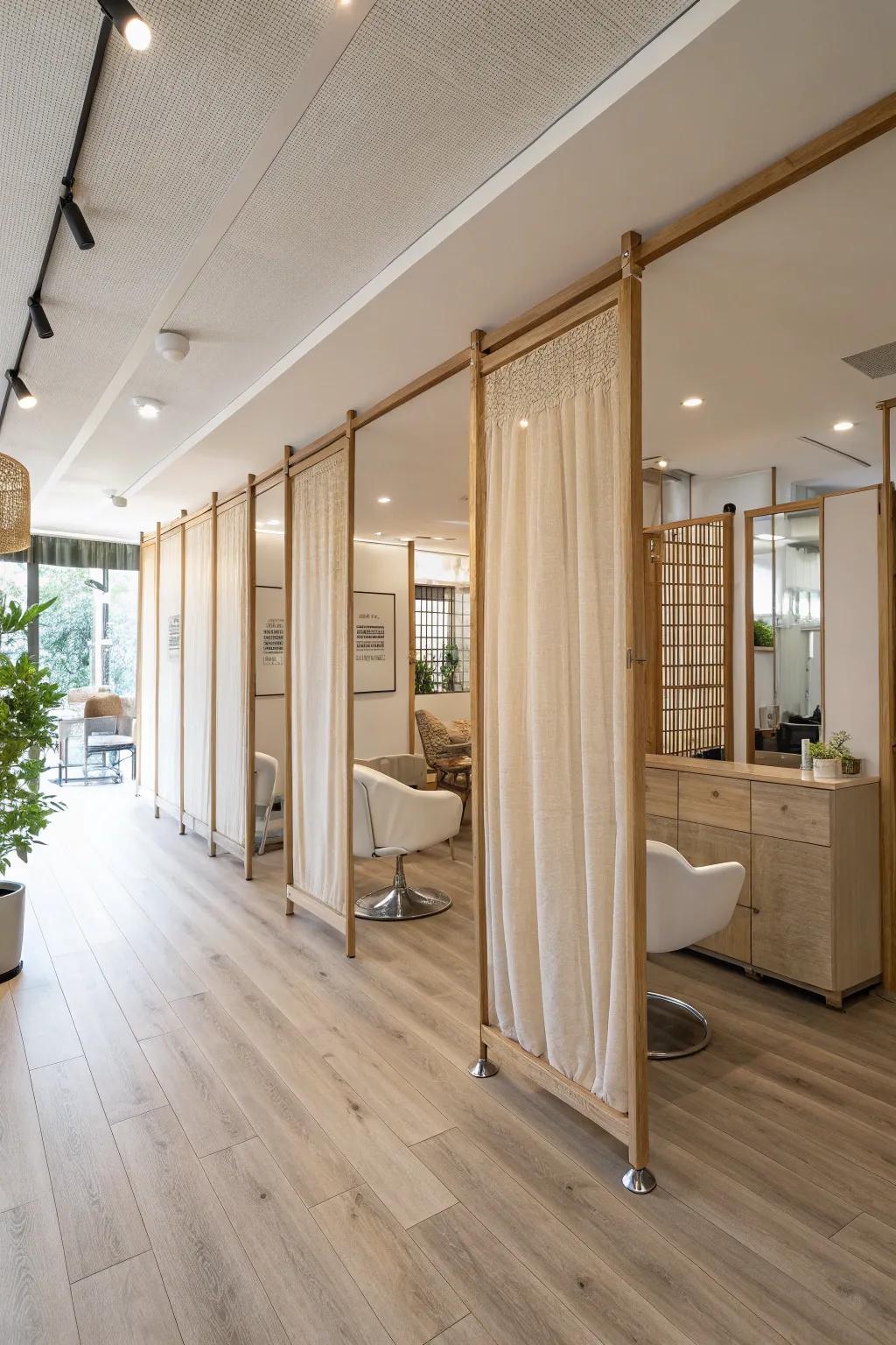 Float above the rest with hanging room dividers—ideal for sleek, modern salons.