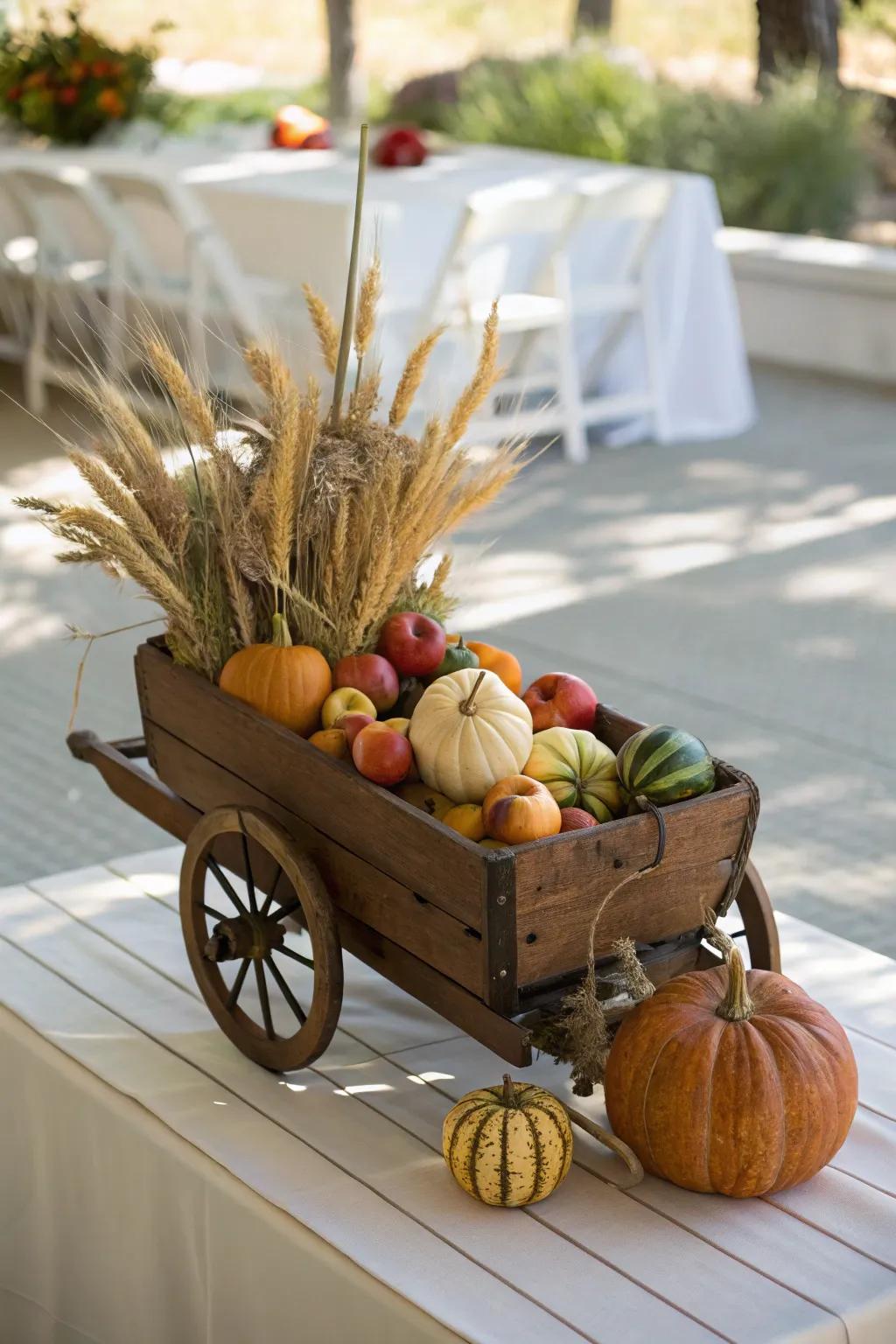 Celebrate gratitude with a wagon overflowing with fall's bounty. 🍎 #ThanksgivingDecor #HarvestSeason