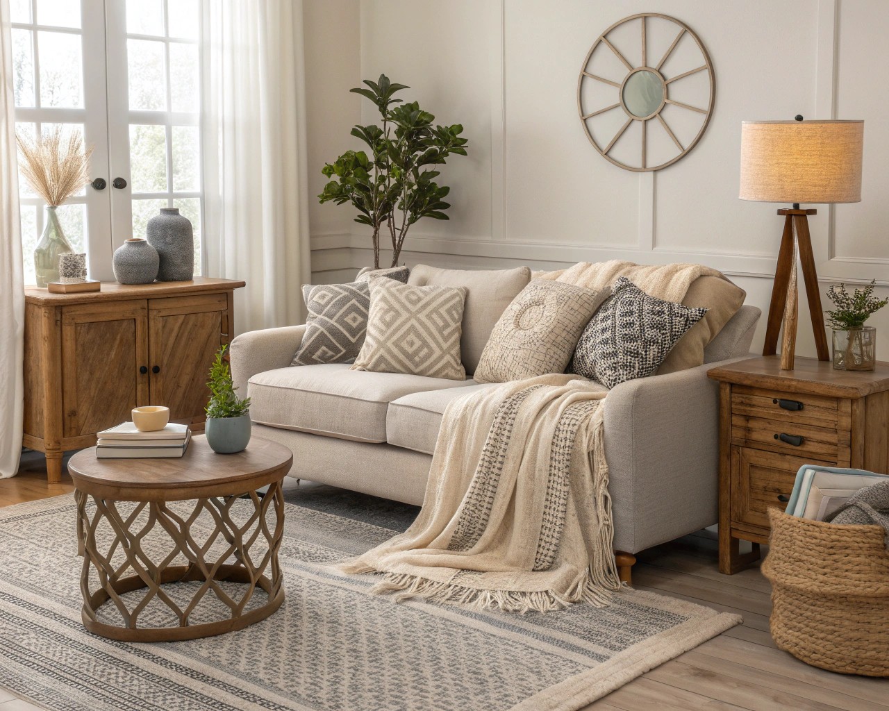 A minimalist home interior showcasing a neutral color palette, providing a perfect backdrop for seasonal accents.