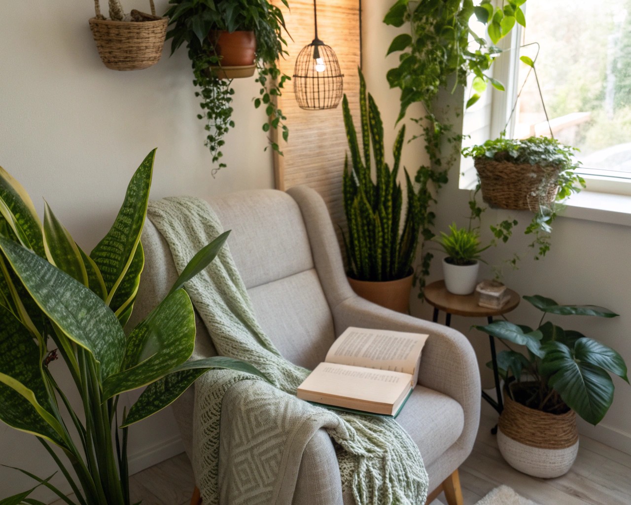 Integrate biophilic design elements with plants for a healthier reading space.
