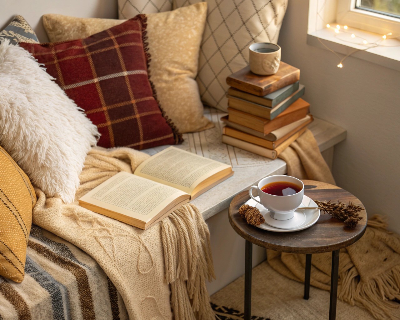 Layer textiles to create comfort and a cozy atmosphere in your reading nook.