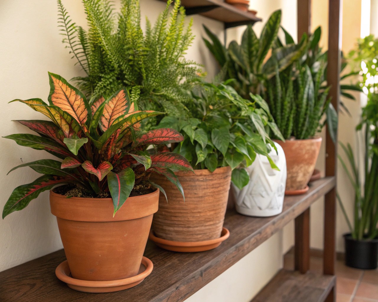 Natural containers like terracotta and ceramic complement biophilic design.