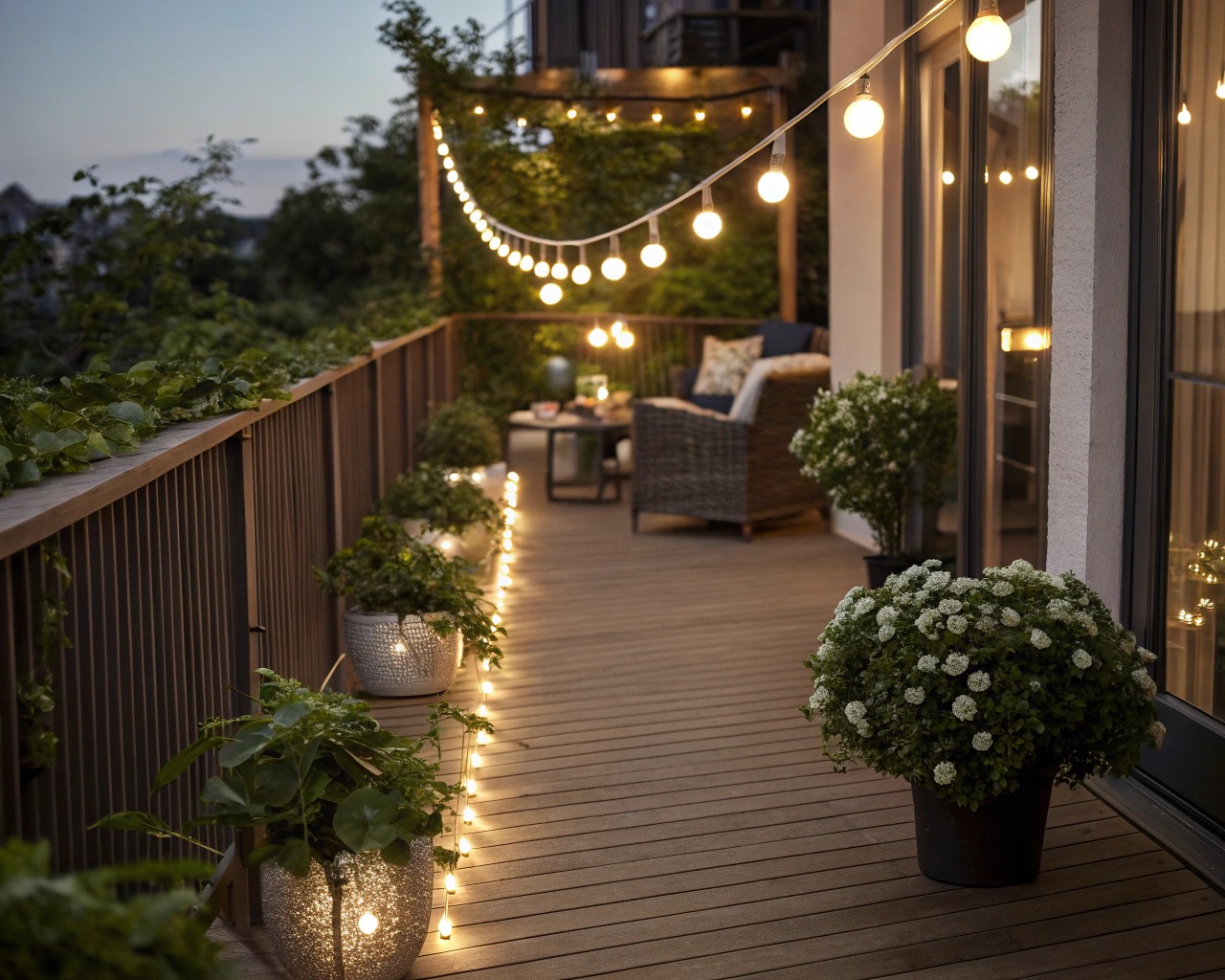Strategic lighting extends balcony usability and creates evening ambiance.