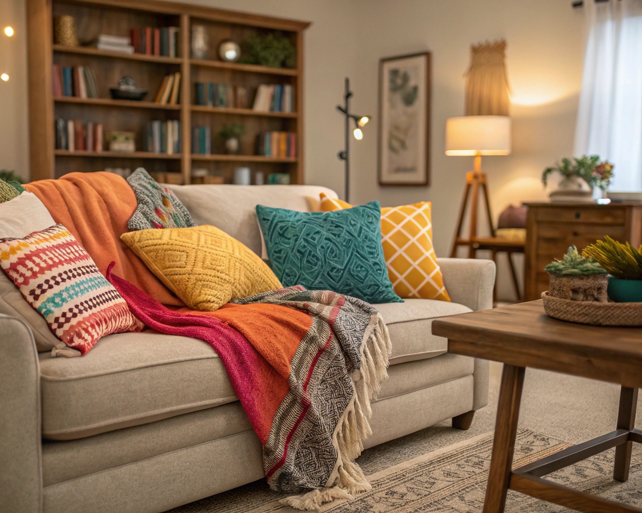 Textiles adding color, pattern, and warmth to the space.