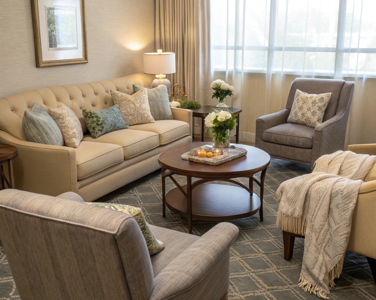 Thoughtful furniture arrangement encourages conversation and connection.